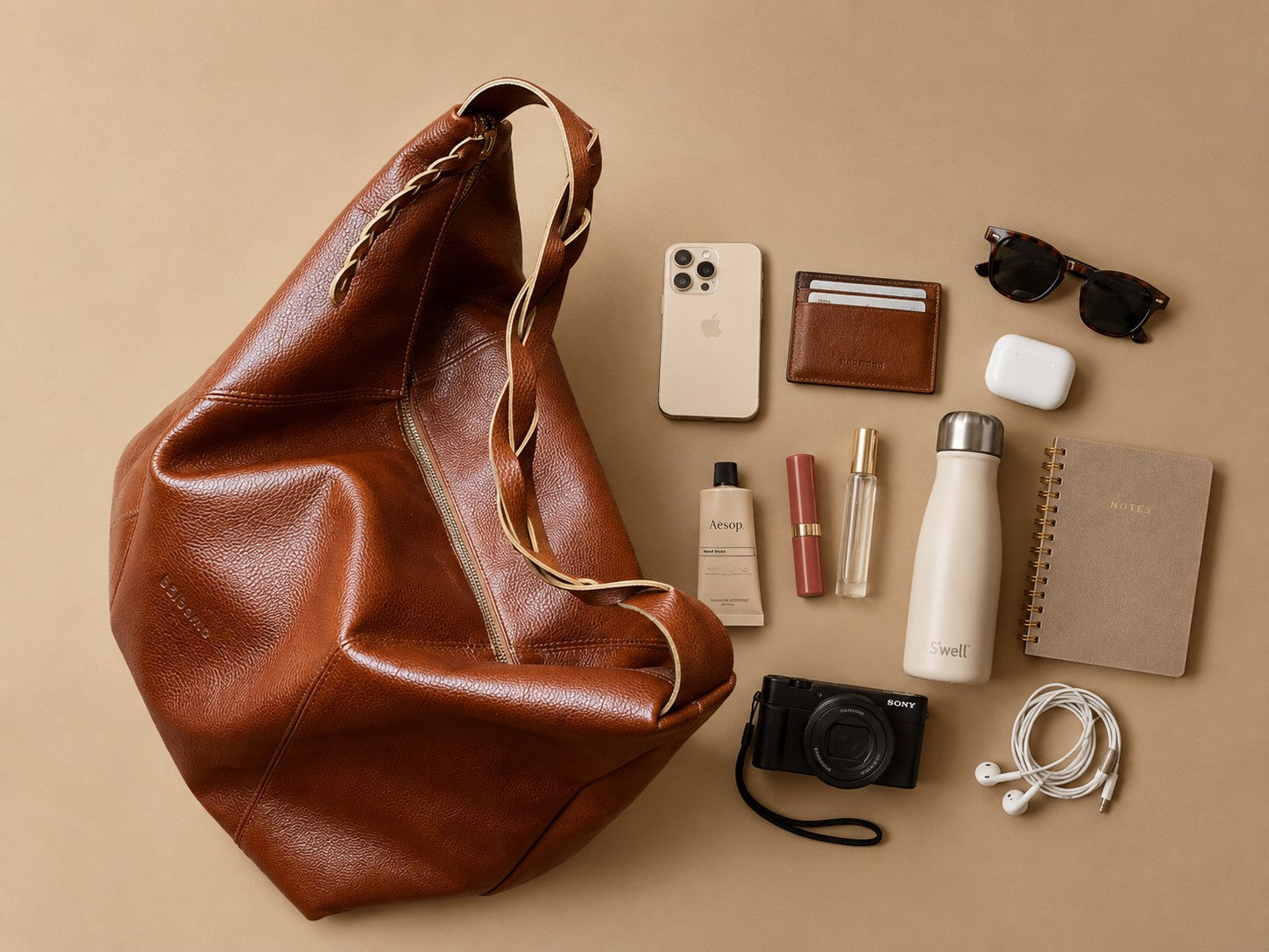 Bolso Trenza con objetos de uso diario (imagen ilustrativa)